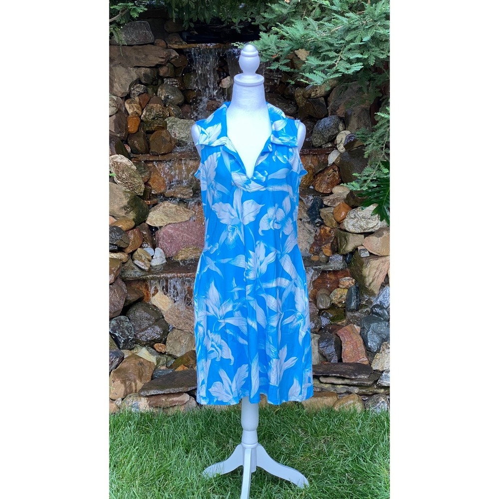 Banana Boat Sundress Blue /White Floral UPF 50+ Sleeveless Large NWT
